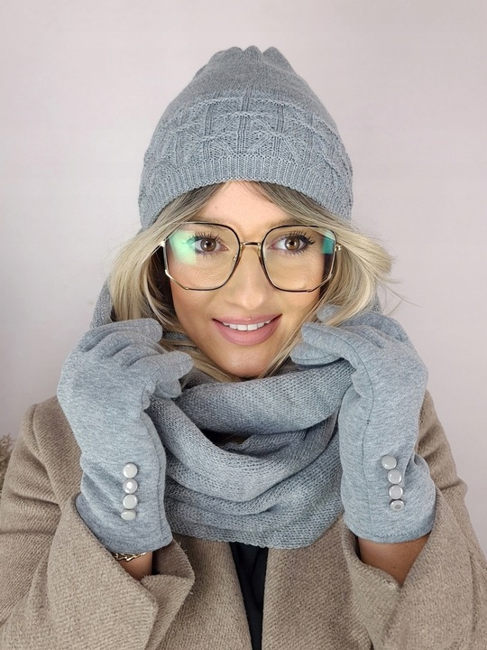 zimowy KOMPLET damski CZAPKA + KOMIN + RĘKAWICZKI dotykowe CIEPŁY