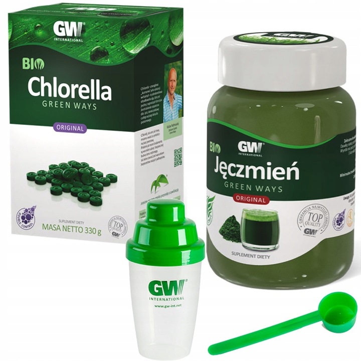 BIO Chlorella 330g (1320 tabletek) + BIO Jęczmień 300g + shaker + miarka