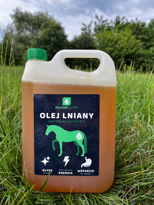 OLEJ LNIANY DLA KONI 5L PASZA DLA ZWIERZĄT + STRZYKAWKA
