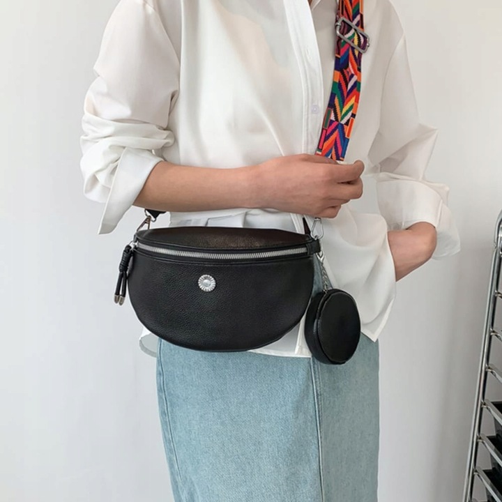 NERKA CZARNA SASZETKA DAMSKA POJEMNA SZEROKI KOLOROWY PASEK SKÓRA EKO