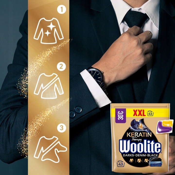 Woolite Kapsułki DoPrania Rzeczy Czarnych Ciemnych Jeans z Keratyną 43szt