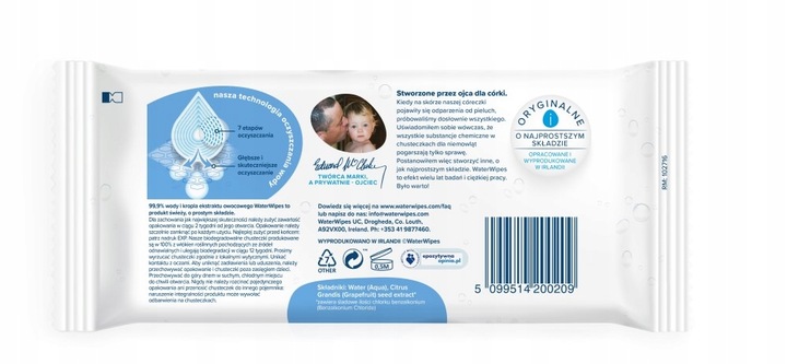 WaterWipes Chusteczki nawilżane BIO 12x60szt 99,9% wody delikatne