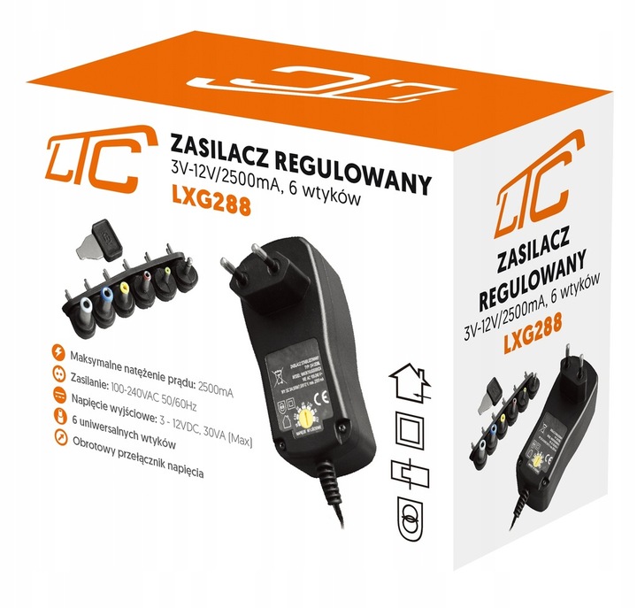 ZASILACZ UNIWERSALNY REGULOWANY DC 3-12V MOCNY 2.5A 30W 6 WTYKÓW