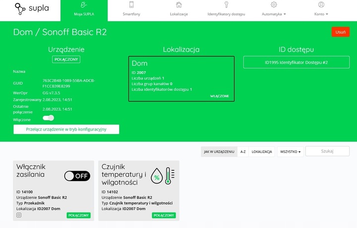 Sonoff Basic R2 Czujnik Temperatury Wilgotności SUPLA WiFi THS01