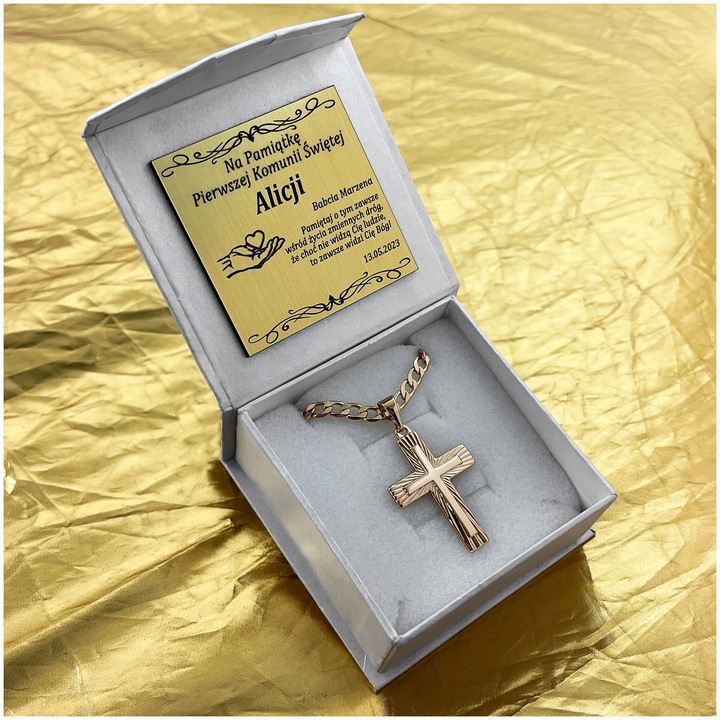 ZŁOTY NASZYJNIK KOMUNIJNY Z KRZYŻYKIEM 18K ŁAŃCUSZEK ZAWIESZKA + GRAWER