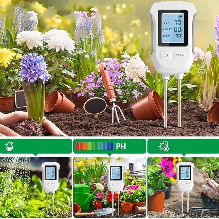 Miernik pH gleby 3w1 tester wilgotności ziemi i podłoża dokładny