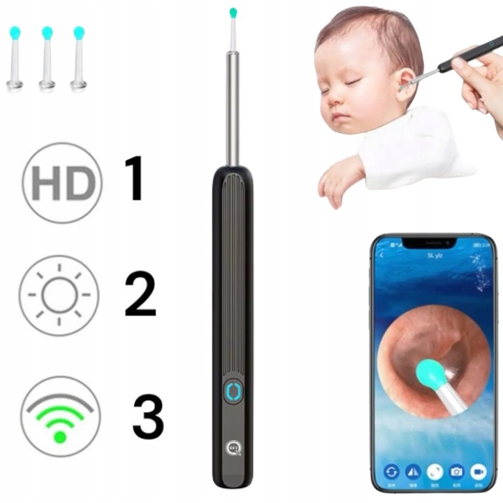 SMART OTOSKOP KAMERA CZYSZCZENIE USZU WOSK WIFI HD APLIKACJA ENDOSKOP