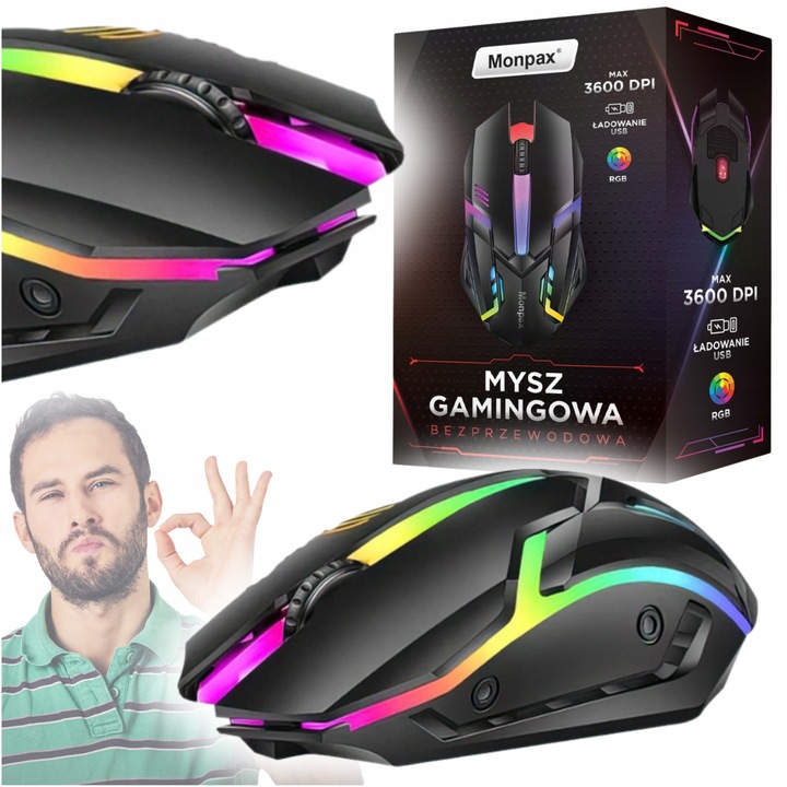 MYSZKA GAMINGOWA MYSZ DLA GRACZY BEZPRZEWODOWA KOMPUTEROWA LED RGB