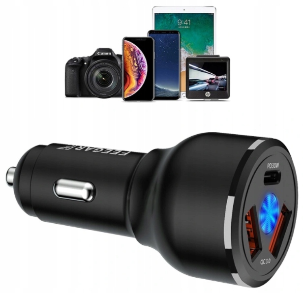 Feegar Szybka ŁADOWARKA SAMOCHODOWA USB x3 USB-C TYP-C PD QC 3.0 66W 9A