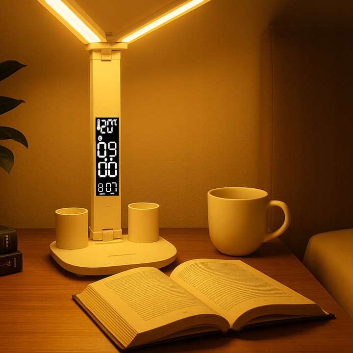 PODWÓJNA LAMPKA BIURKOWA LED Z WYŚWIETLACZEM ZEGAR ORGANIZER TEMP.