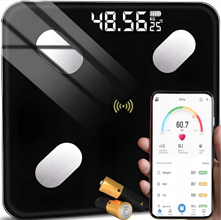 WAGA ŁAZIENKOWA ANALITYCZNA SZKLANA APLIKACJA BMI POMIAR TŁUSZCZU