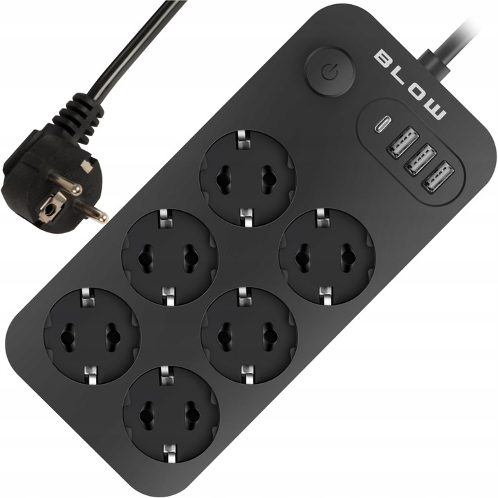 PRZEDŁUŻACZ LISTWA ZASILAJĄCA WŁĄCZNIK 3x USB 6 GNIAZD 2m USB TYP-C