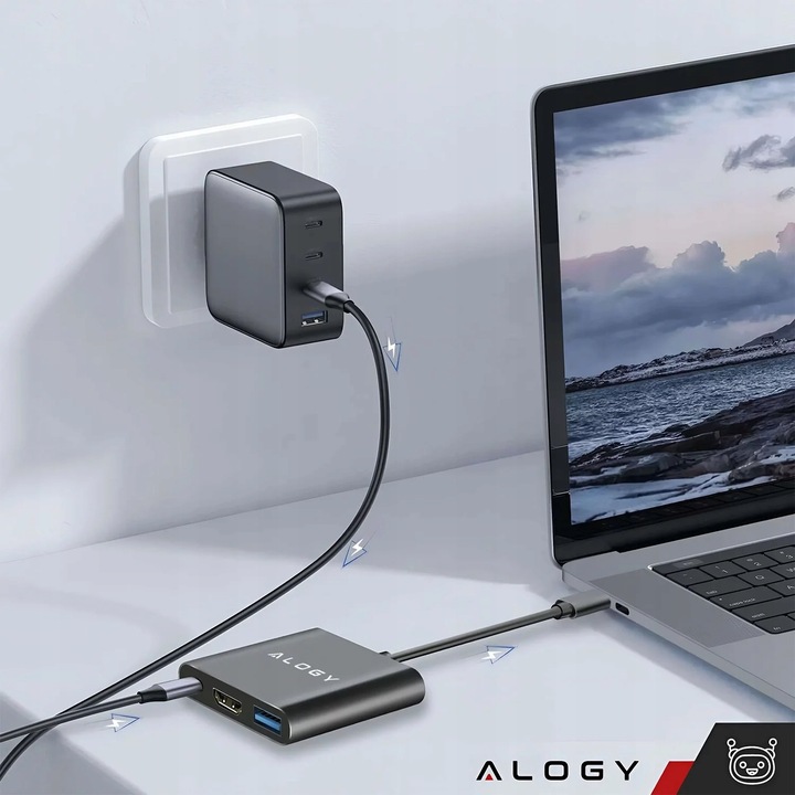 Adapter Przejściówka ALOGY 3w1 MHL HUB USB C HDMI PD do MacBook Samsung