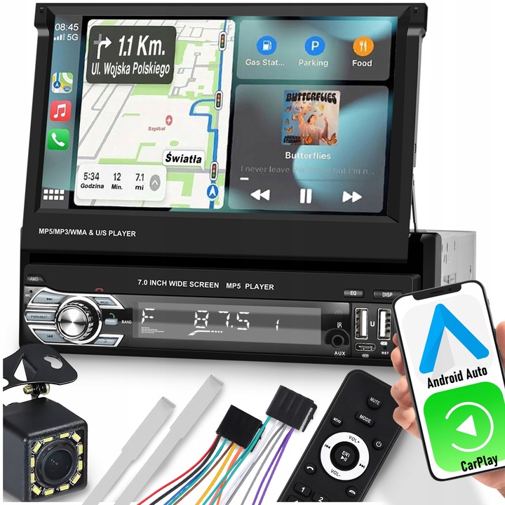 RADIO SAMOCHODOWE 1DIN 7'' BT WYSUWANY EKRAN DOTYKOWY MIRROR LINK