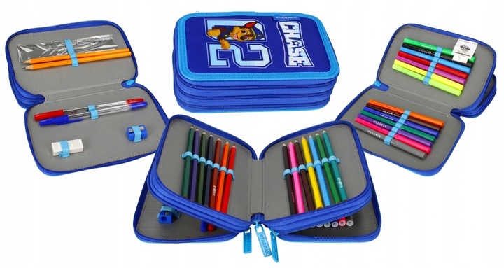 TRZYKOMOROWY PIÓRNIK SZKOLNY PSI PAW PATROL Chase z WYPOSAŻENIEM 30 element