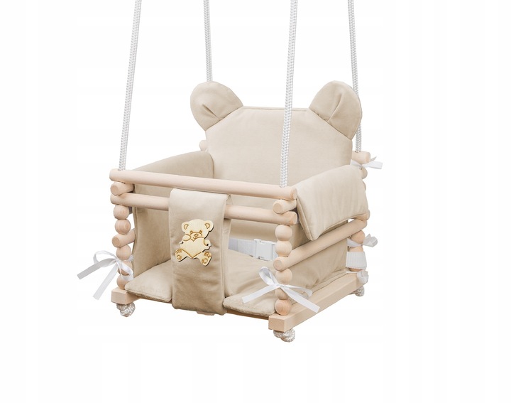 Huśtawka dla dziecka 3w1 z drewna z oparciem 6m+ do domu ogrodu Beżowa