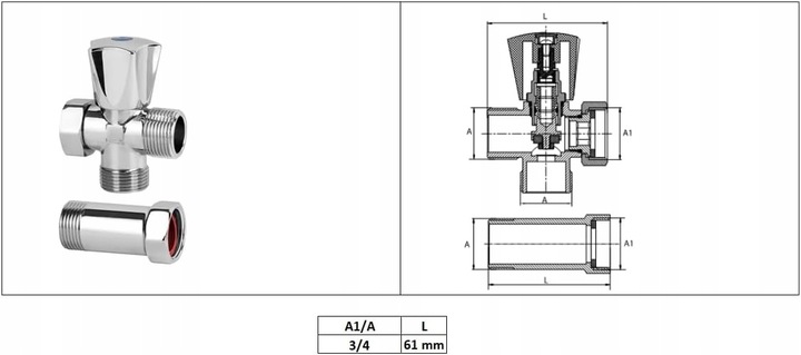 ZAWÓR KĄTOWY GRZYBKOWY 3/4" DO PRALKI ZMYWARKI 3-DROGOWY Z PRZEDŁUŻKĄ