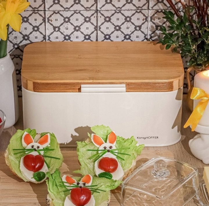 CHLEBAK STALOWY Z POKRYWA BAMBUSOWA POJEMNIK NA PIECZYWO CHLEB BUŁKI