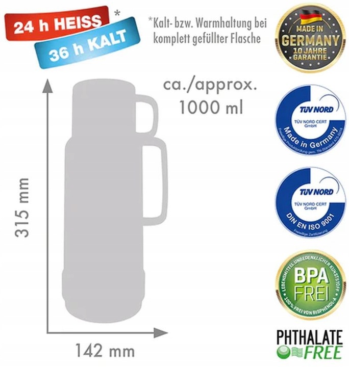 NIEMIECKI termos ROTPUNKT 80 1,0 L SZKLANY WKŁAD TERMICZNY+KUBEK