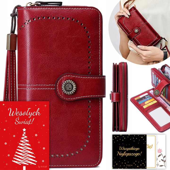 PORTFEL SKÓRZANY DAMSKI CZERWONY RFID ELEGANCKI FUNKCJONALNY POJEMNY