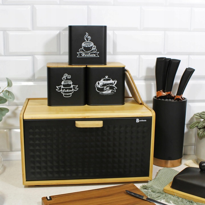 CHLEBAK POJEMNIK NA PIECZYWO BAMBUSOWY DUŻY 2w1 CZARNY DREWNO