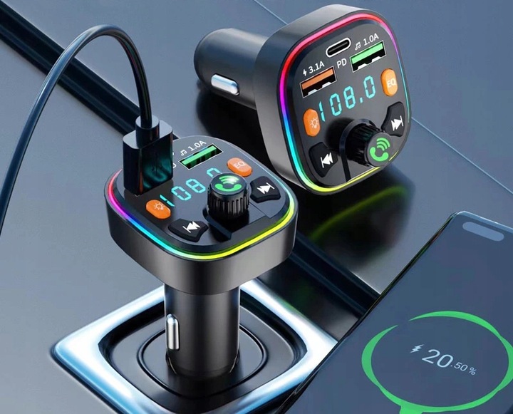 TRANSMITER FM BLUETOOTH 5.0 ŁADOWARKA QC 3.0 PD 20W RGB 2x USB USB-C