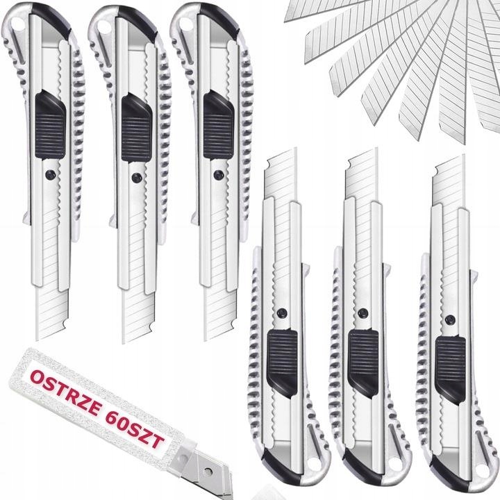 Nóż nożyk metalowy do tapet z łamanym ostrzem 18mm 6xnóż plus 60