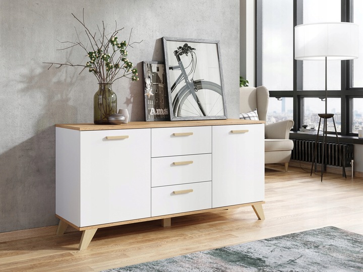 KOMODA SZAFKA RTV 3 SZUFLADY DRZWI POJEMNA BIAŁY MAT DĄB WOTAN SCANDI