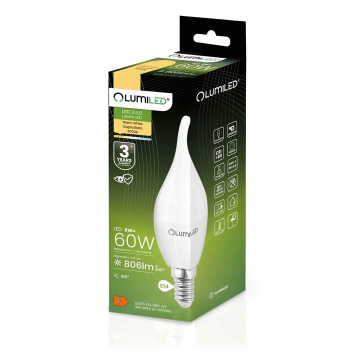 6x Żarówka LED E14 PŁOMYK 8W = 60W 3000K Ciepła Biała Świeca CCD NIE
