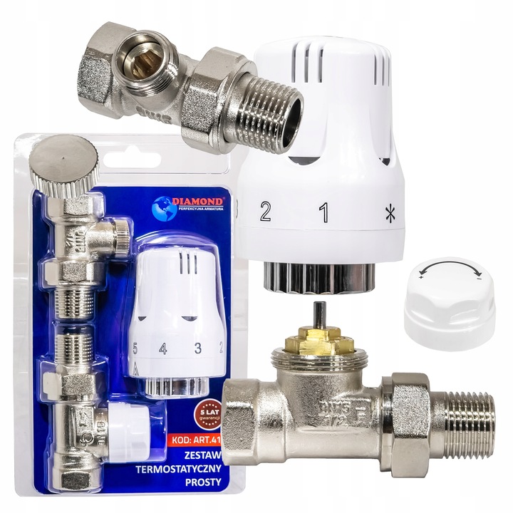 ZESTAW TERMOSTATYCZNY PROSTY ZAWÓR ZASILAJĄCY POWROTNY GŁOWICA DO