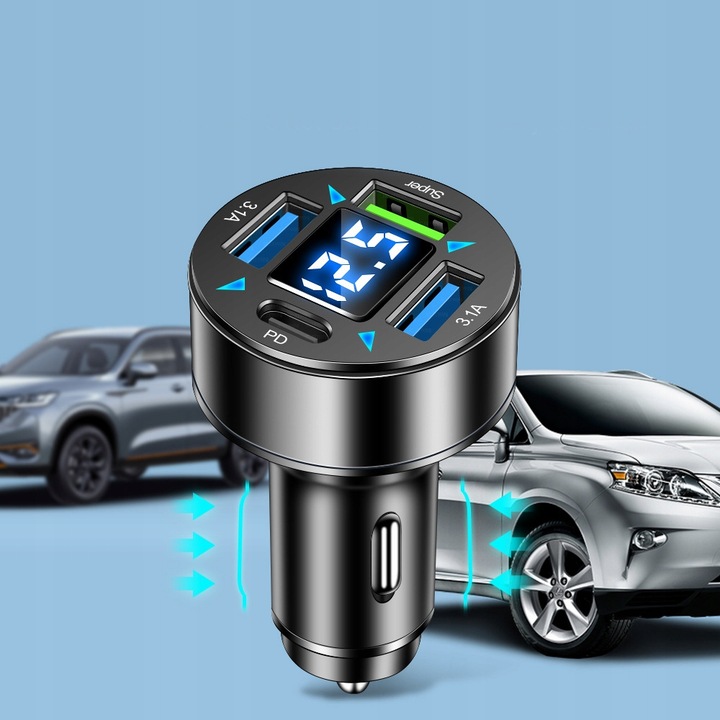 SZYBKA 3.1A SAMOCHODOWA ŁADOWARKA LED QC 3.0 x3 USB + PD 66W