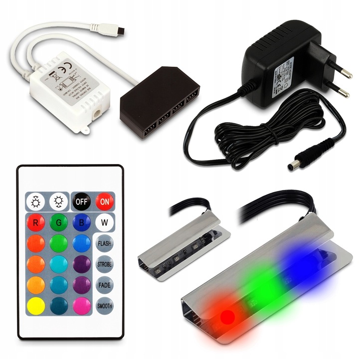 2x KLIPS LED RGB DO PÓŁKI SZKLANEJ PODŚWIETLENIE SZYBY ZMIANA KOLORÓW