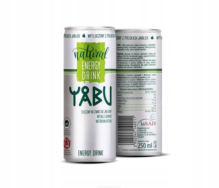 24x YABU Natural Energy Drink jabłkowy 250ml ZESTAW BEZ DODATKU CUKRU