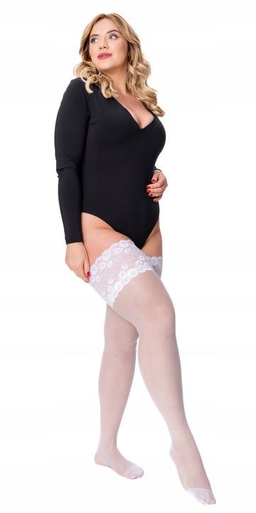 Pończochy samonośne PLUS SIZE 30 DEN koronka 15 cm | #5/6 | biały