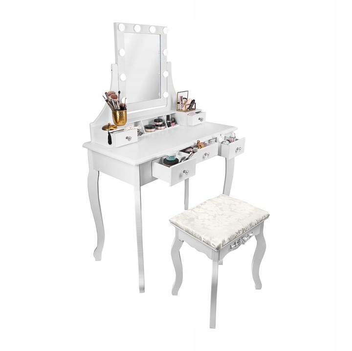 TOALETKA KOSMETYCZNA z LUSTREM LED BIAŁA + TABORET