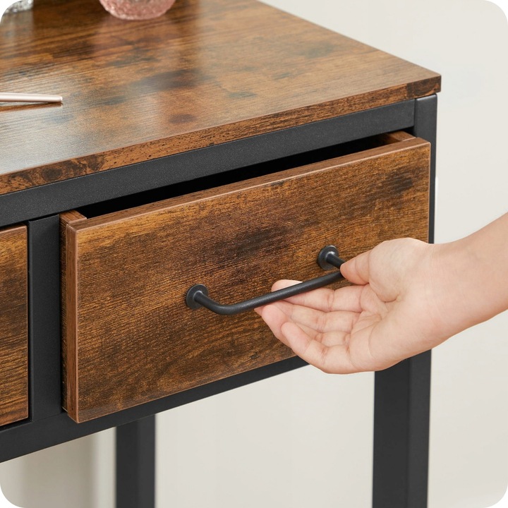 Toaletka z Lustrem Rustykalna Szuflady Taboret Zestaw Ciemny Brąz