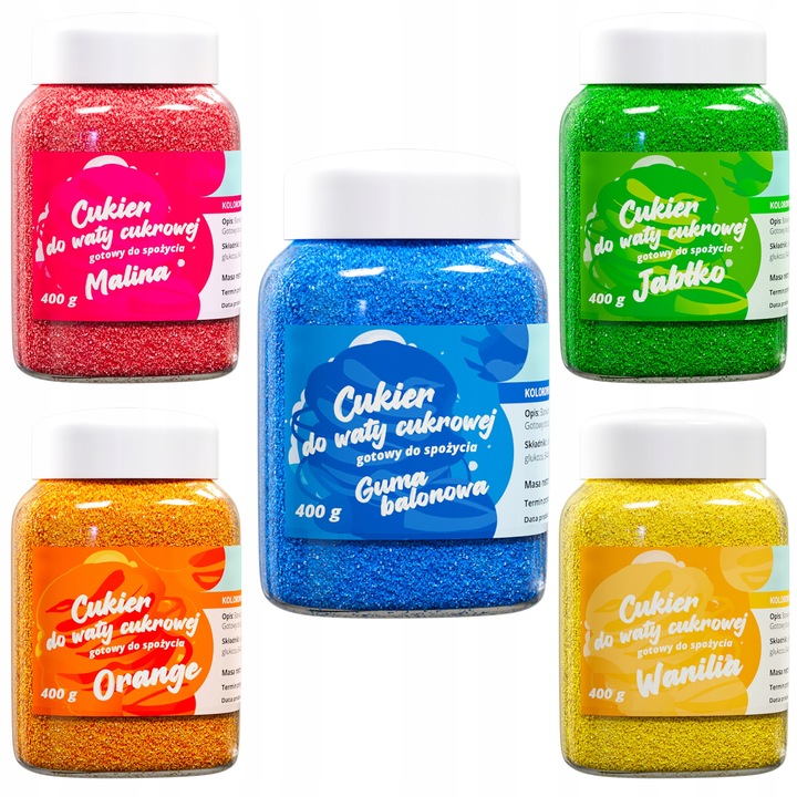 CUKIER KOLOROWY do waty cukrowej 5x400g smakowy MIX gratis 10szt