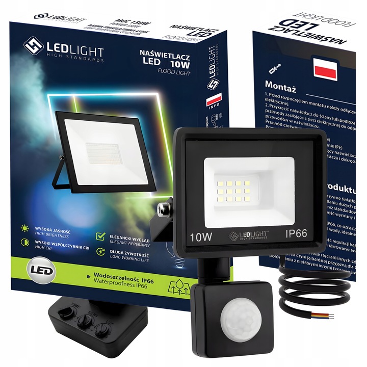 HALOGEN LED Z CZUJNIKIEM RUCHU 10W LAMPA Reflektor Naświetlacz