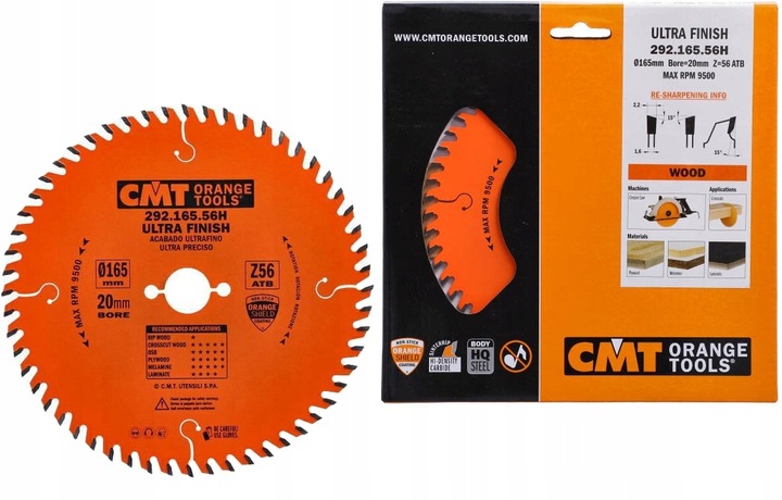 CMT Piła tarcza do Drewna Laminatu płyt 165x20x2,2 56 Zębów 292.165.56H