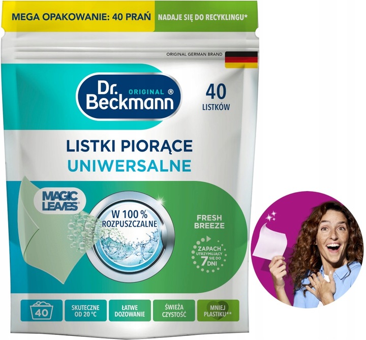 Dr. Beckmann MAGIC LEAVES Chusteczki Listki Piorące do Prania Uniwersal x40