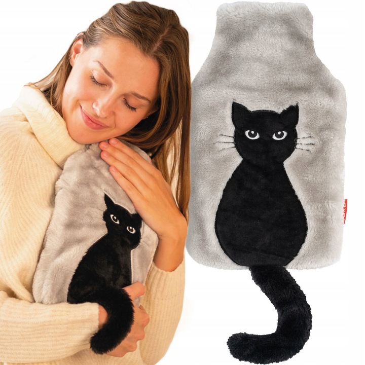 SOXO termofor czarny kot gumowy w pokrowcu 1,8L prezent na urodziny