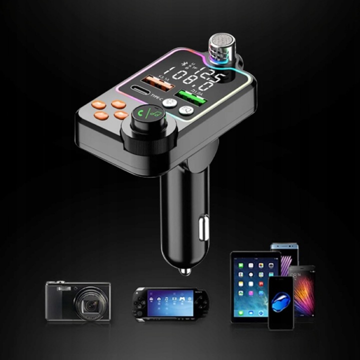 TRANSMITER FM ZESTAW GŁOŚNOMÓWIĄCY BT 5.0 ŁADOWANIE QC 3x USB PD RGB