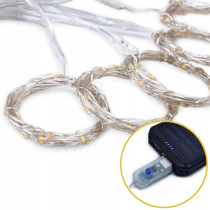 KURTYNA ŚWIETLNA 200 LED DRUCIKI 2x2m BIAŁY CIEPŁY 200L USB PILOT