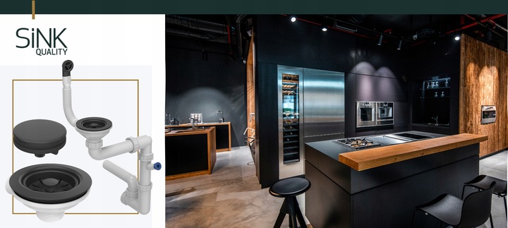 SYFON do ZLEWU jednokomorowego oszczedzajacy miejsce czarny PRZYSCIENNY 2w1