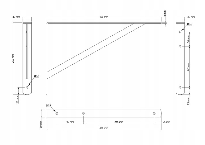Srebrny wspornik półki 40 cm podpórka uchwyt do półki drewnianej mocny