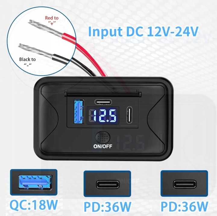 Gniazdo samochodowe montażowe 12V 24V USB 2xPD QC3.0 ON OFF WOLTOMIERZ 90W