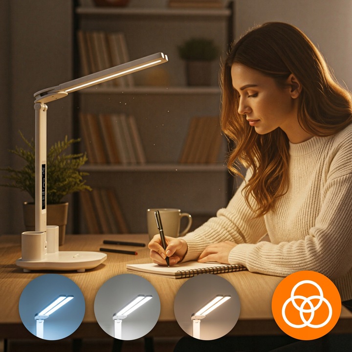 LAMPKA NA BIURKO LED PODWÓJNA BIURKOWA ZEGAR ORGANIZER TEMPERATURA