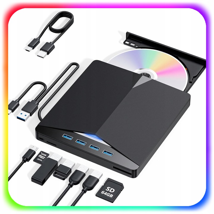 NAPĘD ZEWNĘTRZNY CD DVD ODTWARZACZ PŁYT PRZENOŚNY NAGRYWARKA HUB USB-C 3.0