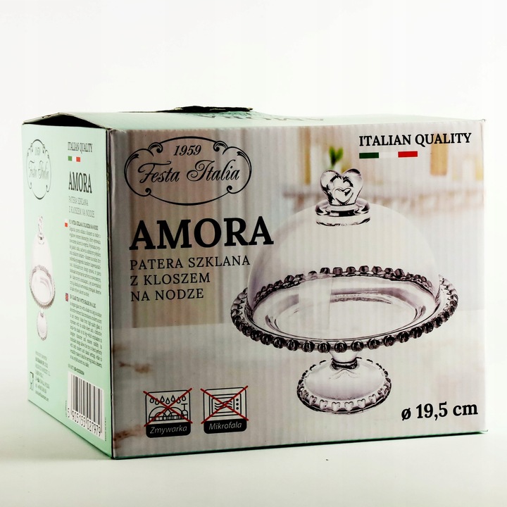 PATERA SZKLANA Z KLOSZEM I NÓŻKĄ 19,5CM NA CIASTO DESER SERY DO SERWOWANIA