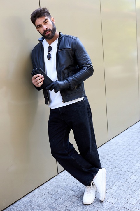 Rękawiczki skórzane męskie klasyczne DOTYKOWE z polarkiem miś